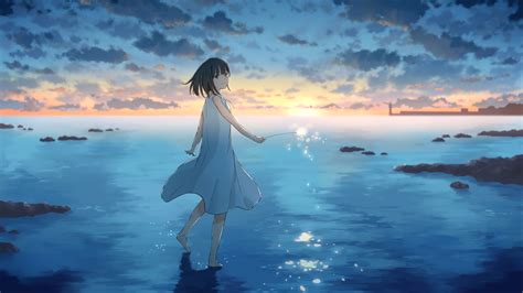 1600x900 Cute Anime Girl Sunset Draw 1600x900 Resolution