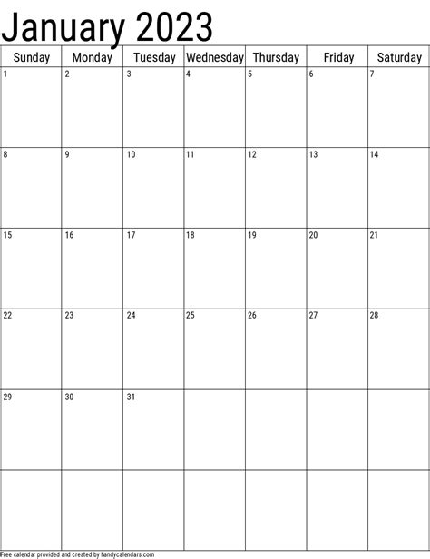 January 2023 Vertical Calendar Handy Calendars