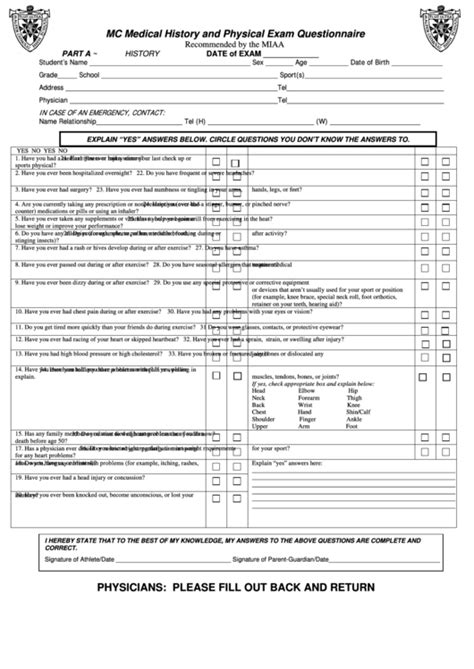 Medical History And Physical Exam Questionnaire Form Printable Pdf Download