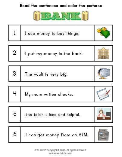 Bank Money Vocabulary Reading Practice For Kids Eslkidz Bank