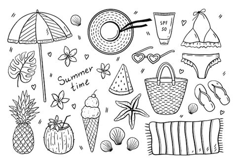 Premium Vector Beach Summer Set In Doodle Style Isolated On White