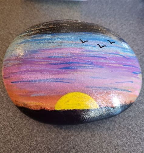 Sunset Painted Rock With Posca Paint Pens Watercolor Technique