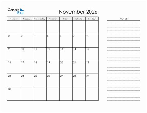 Printable Monthly Calendar With Notes November 2026