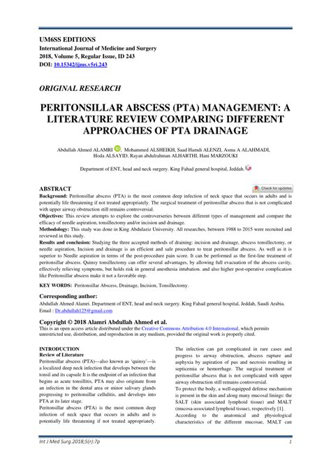 Pdf Peritonsillar Abscess Pta Management A Literature Review
