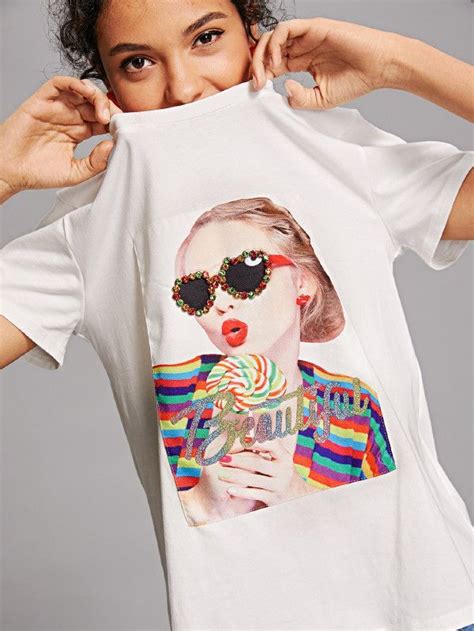 rhinestone detail figure print tee shein sheinside printed tees oversize rhinestone figures