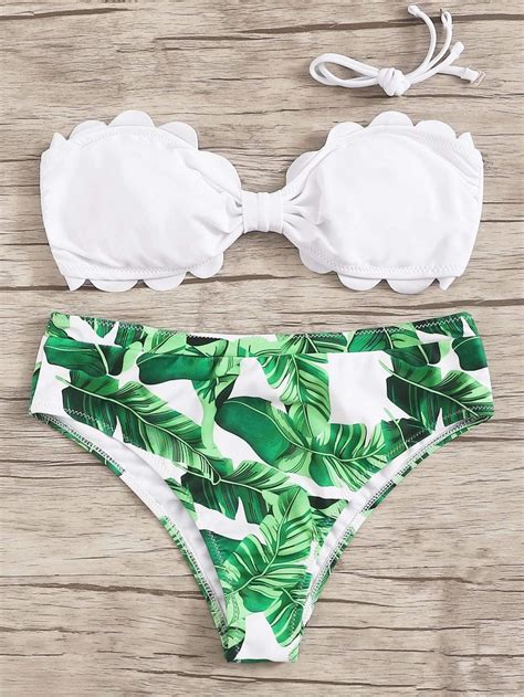 White Scalloped Trim Bandeau Top With Green Palm Print Bikini Bottom