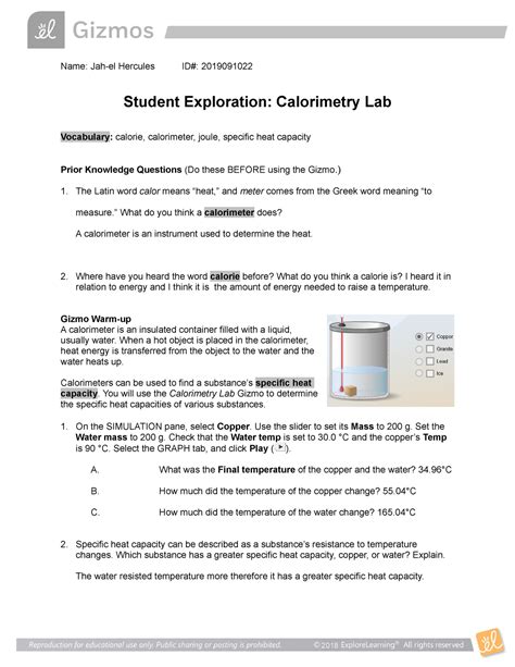 Calorimetry Lab SE Lab General Physics 1 Studocu