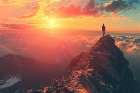 Premium Photo A Man Standing On Top Of A Mountain As The Sun Sets