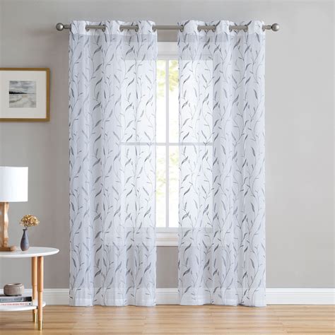 Set Of Two 2 White Sheer Window Curtains Gray Embroidered Botanical