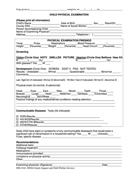 Form Dss 5244 Child Physical Examination North Carolina Printable