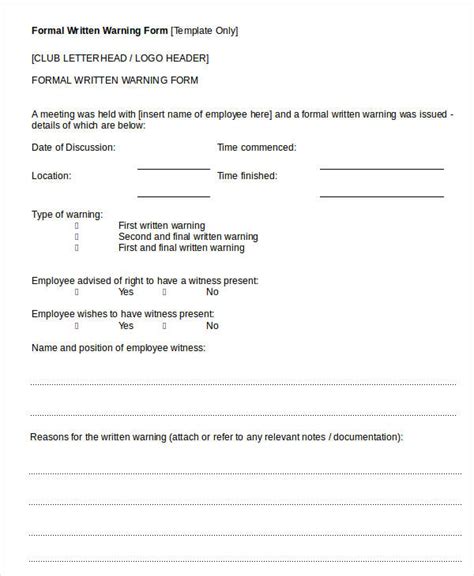 Printable Employee Written Warning Template Free