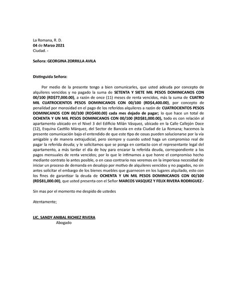 Carta De Cobro Alquileres Vencidos Inquilinos La Romana R D 04 De