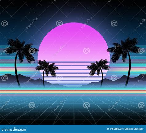 Synthwave And Retrowave Background Template Palms Sun And Space In