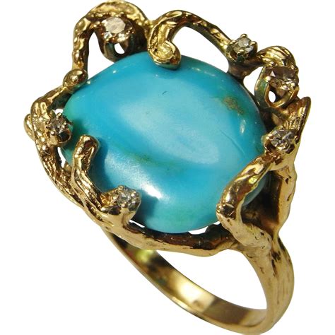 Turquoise Diamond Ring 14K Solid Gold Retro Ring Turquoise Cabochon