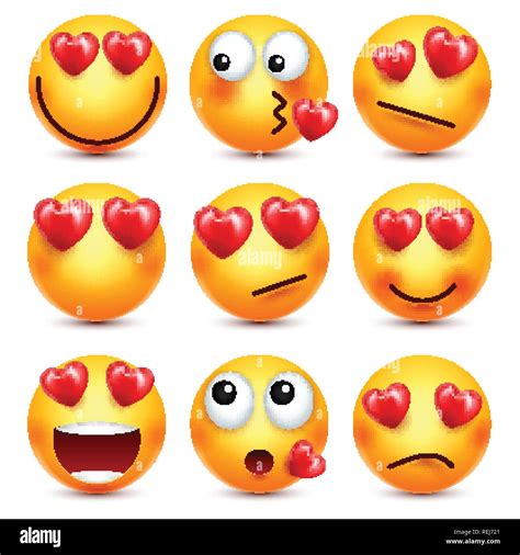 Smiley Emoji With Red Heart Vector Set Valentines Day Yellow Cartoon