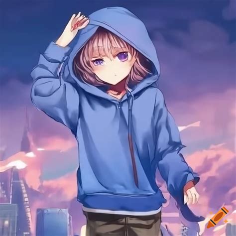Anime Boy In Blue Hoodie Entering The City