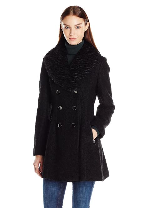 Guess Guess Womens Wool Boucle Fit And Flare Coat With Faux Fur Collar
