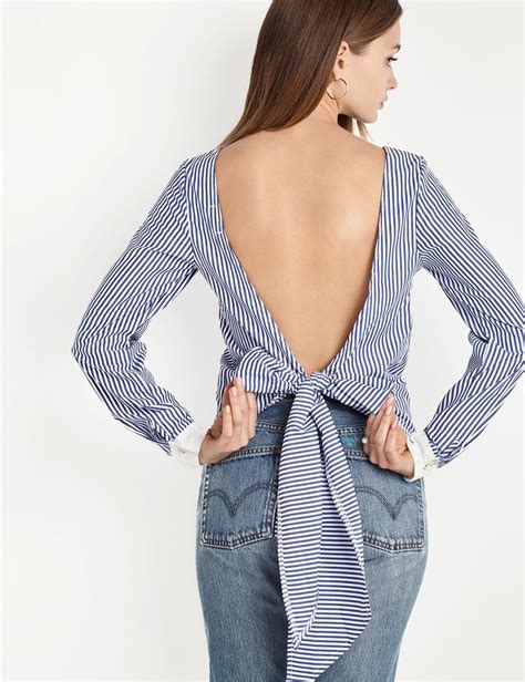 Open Back Tie Striped Top Fashion Tops Backless Shirt