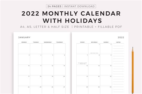 2022 Monthly Calendar With Holidays On 2 Pages Printable And Fillable By