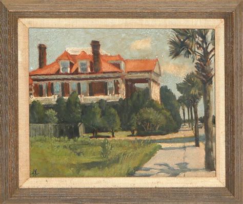 Lot †american School Red Mansion With Palm Trees 1975 Oil On