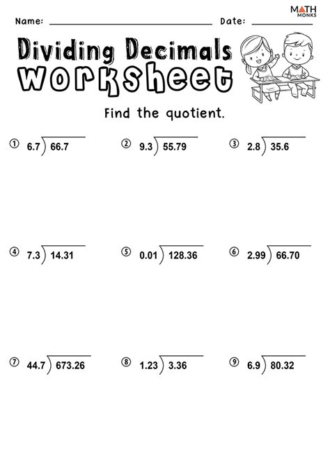 Math Worksheets Dividing Decimals Whole Numbers