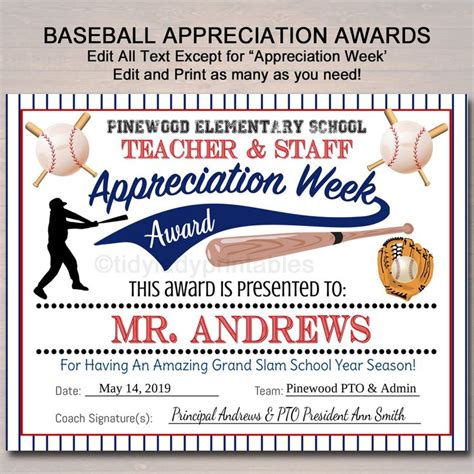Baseball Theme Teacher Appreciation Printable Award Certificates In