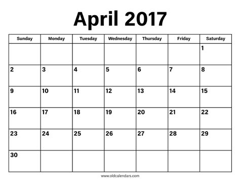 April 2017 Calendar Printable Old Calendars
