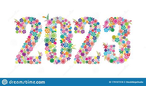 Happy New Year 2023 Colorful Floral Design Isolated On White Background