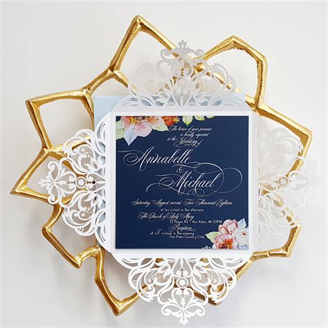 Elegant Wedding Invitation Floral Wedding Invites Navy Blue Laser Cut