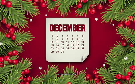 Download Wallpapers December 2019 Calendar Red Background With Berries