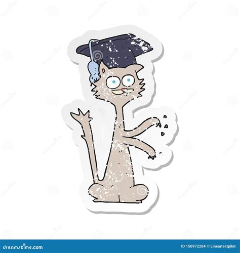 A Creative Retro Distressed Sticker Of A Cartoon Cat With Graduation