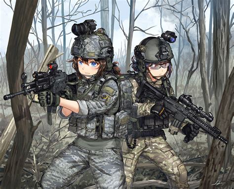 Safebooru 2girls Aiming Assault Rifle Camouflage Commentary Request Gloves Goggles Goggles On