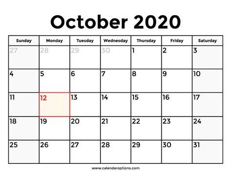 October 2020 Calendar With Holidays Calendar Options