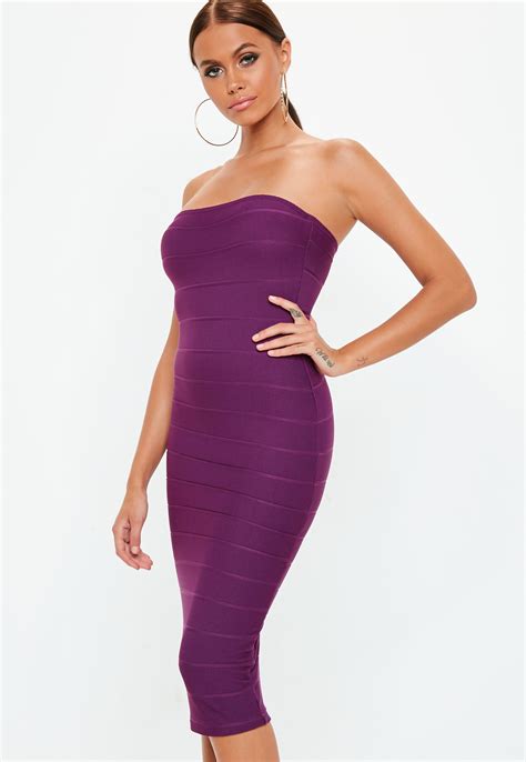 Missguided Synthetic Purple Strapless Bandage Midi Dress Lyst