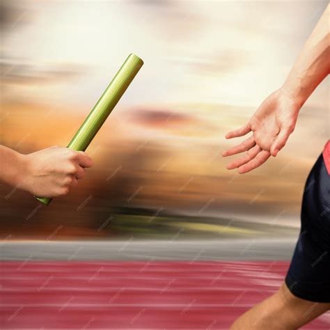 Premium Photo Composite Image Of Athlete Passing A Baton To The Partner