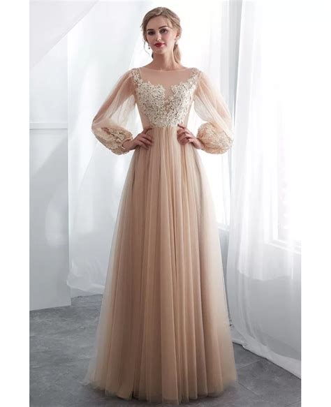 Modest Champagne Long Tulle Lace Party Dress With Fashion Sleeves E015