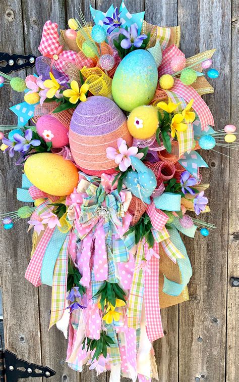 Easter Wreath, Easter Eggs Wreath, Happy Easter Wreath, Easter Rag Bow Wreath, Easter Decor, Egg ...