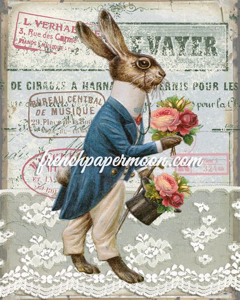 french vintage easter rabbit large image instant digital download printable antique style bunny