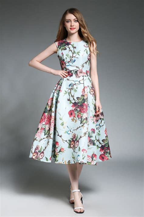 A Line Crewneck Sleeveless Floral Midi Dress Frock For Women Floral