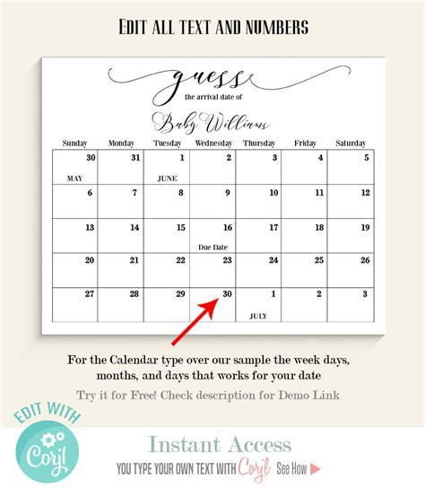 Guess Babys Due Date Calendar Baby Shower Game Printable Editable Te