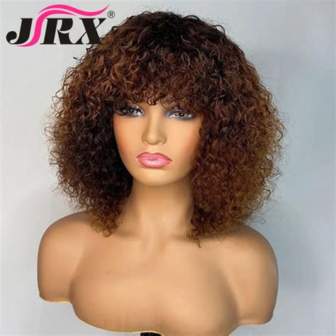 Honey Blonde Jerry Curly Human Hair Wigs With Bangs Short Bob Curly Full Machine Made Wigs For