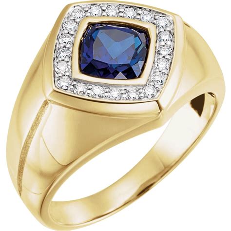 14k Yellow Gold Created Blue Sapphire And Diamond Men Gents Gemstone Ring