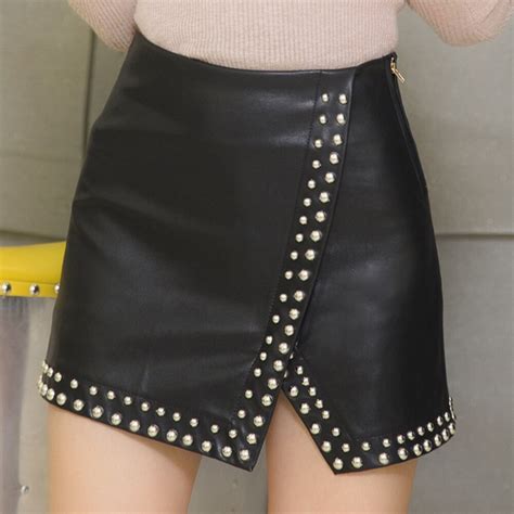 2017 New Autumn Faux Leather Spike Skirt Women High Waist Vintage