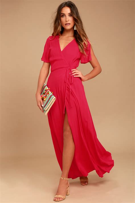Lovely Red Dress Surplice Wrap Dress Maxi Dress Lulus