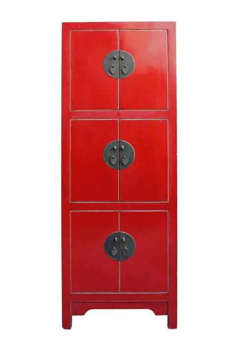 Chinese Red Lacquer Narrow Mid Size 3 Shelves Storage ...
