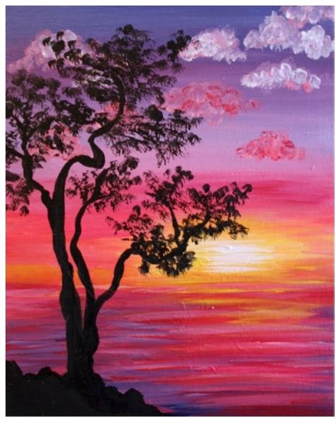 Tree Silhouette Sunset Painting In Pinks Orange And Yellow Easy