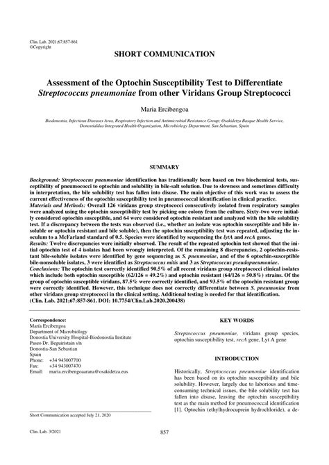 PDF Assessment Of The Optochin Susceptibility Test To Differentiate Streptococcus Pneumoniae