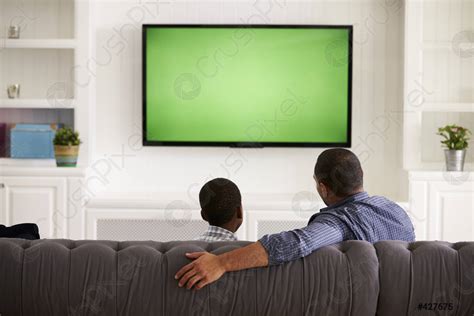 Father And Son Watching Tv At Home Together Back View Stock Photo