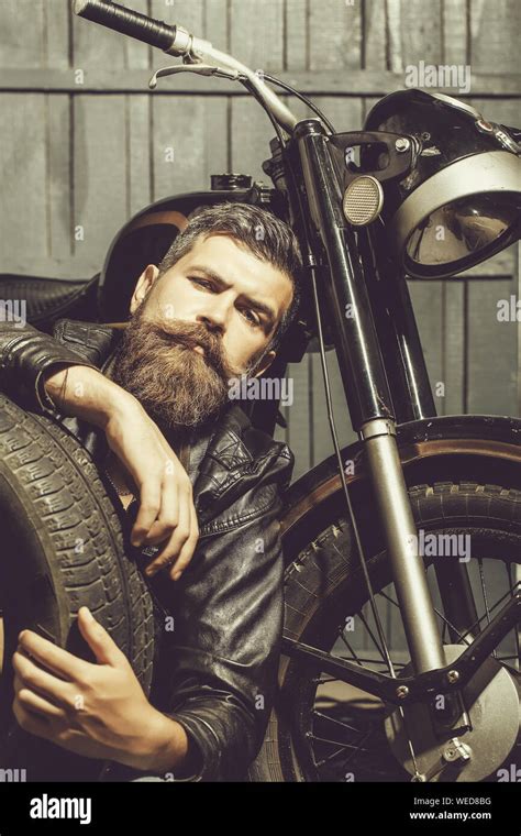 Bearded Man Hipster Biker Stock Photo Alamy