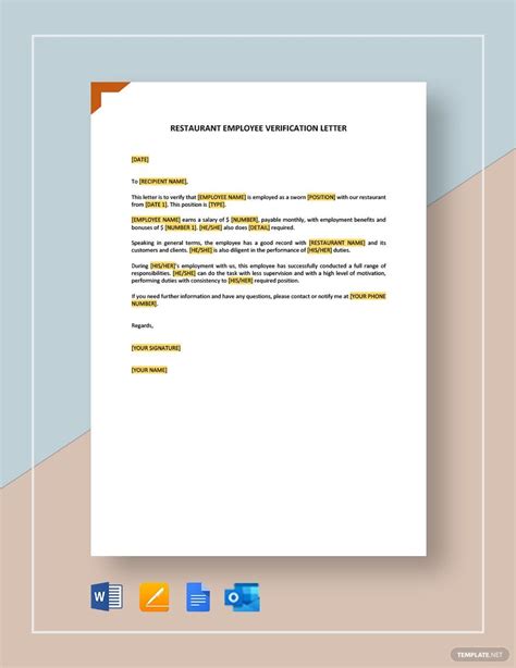 Free Restaurant Employee Verification Letter Template Printable Letter